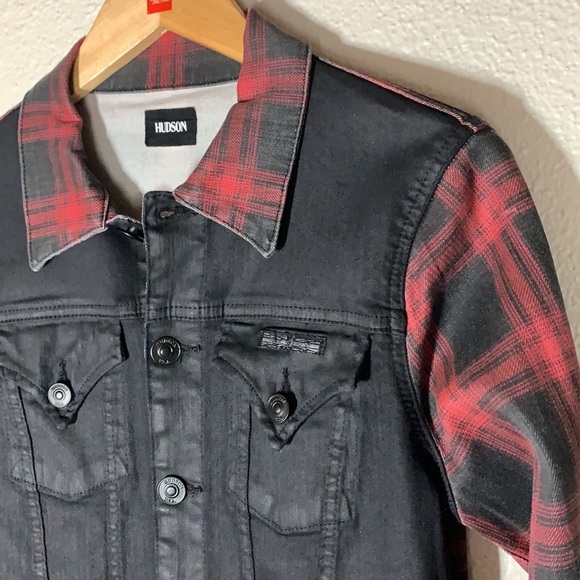 Rare HUDSON jean’s black & red buffalo check denim Jean Jacket Sz S Stretch - Picture 10 of 13